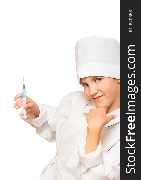 Medical student girl with syringe isolated on white for your design