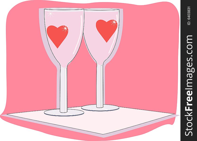 Two glasses with hearts and pink drink. Two glasses with hearts and pink drink