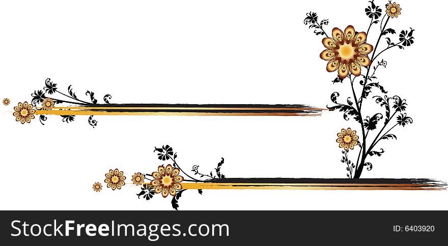 A pair of two horizontal golden lines with a flower arising from the lowermost one. A pair of two horizontal golden lines with a flower arising from the lowermost one.