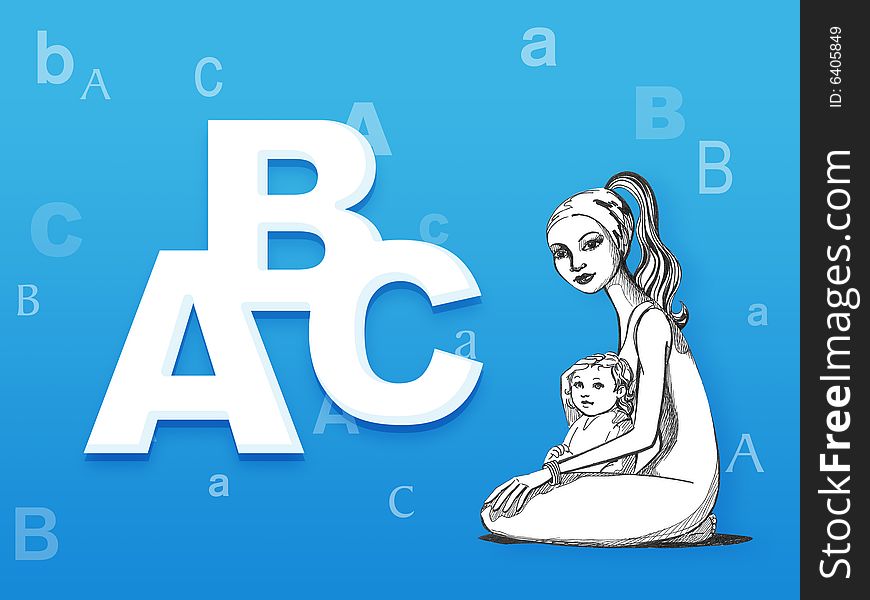Alphabet for a children, mother, baby, letters, blue