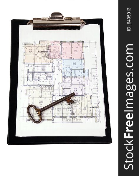 Blueprint of house plans and old key