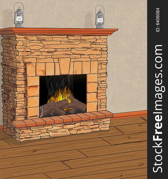 An illustration of a fireplace and a wood floor.