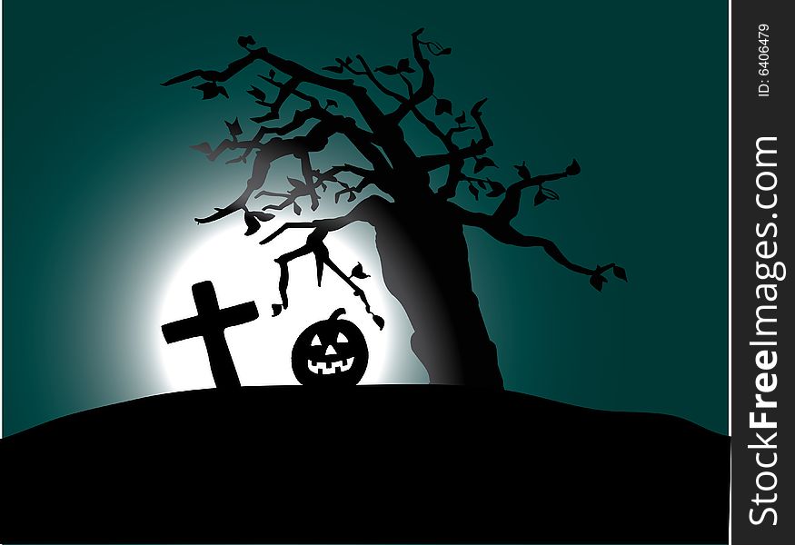 Halloween. Pumpkin and grave on moon background for your Halloween