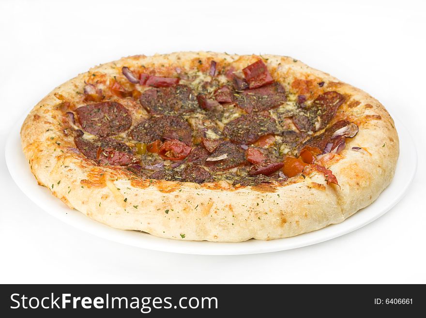 Pizza on a plate on white background