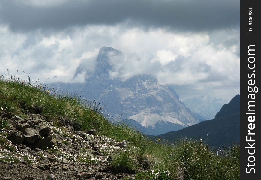 Mountain view of the dolomites during summer on a cloudy day. Mountain view of the dolomites during summer on a cloudy day