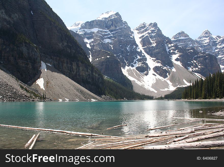 Moraine lake in the Canadian rockies set in the valley of the ten peaks. Moraine lake in the Canadian rockies set in the valley of the ten peaks