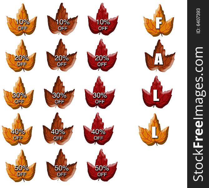 A set of fall leaves with 10, 20, 30, 40 & 50 % off, with an addtional 4 leaves spelling the word \fall\. A set of fall leaves with 10, 20, 30, 40 & 50 % off, with an addtional 4 leaves spelling the word \fall\