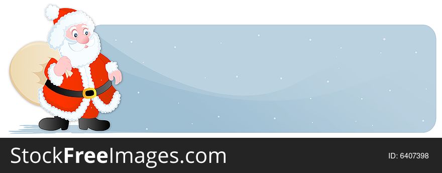 Elegant Christmas web site header and banner with a cute Santa Claus with a big toy bag in his hand with snow flakes. Elegant Christmas web site header and banner with a cute Santa Claus with a big toy bag in his hand with snow flakes