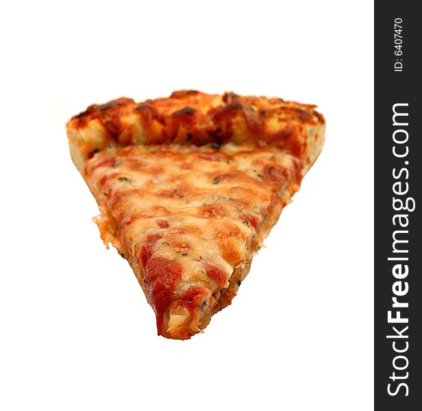 A slice of cheese pizza isolated on a white background.