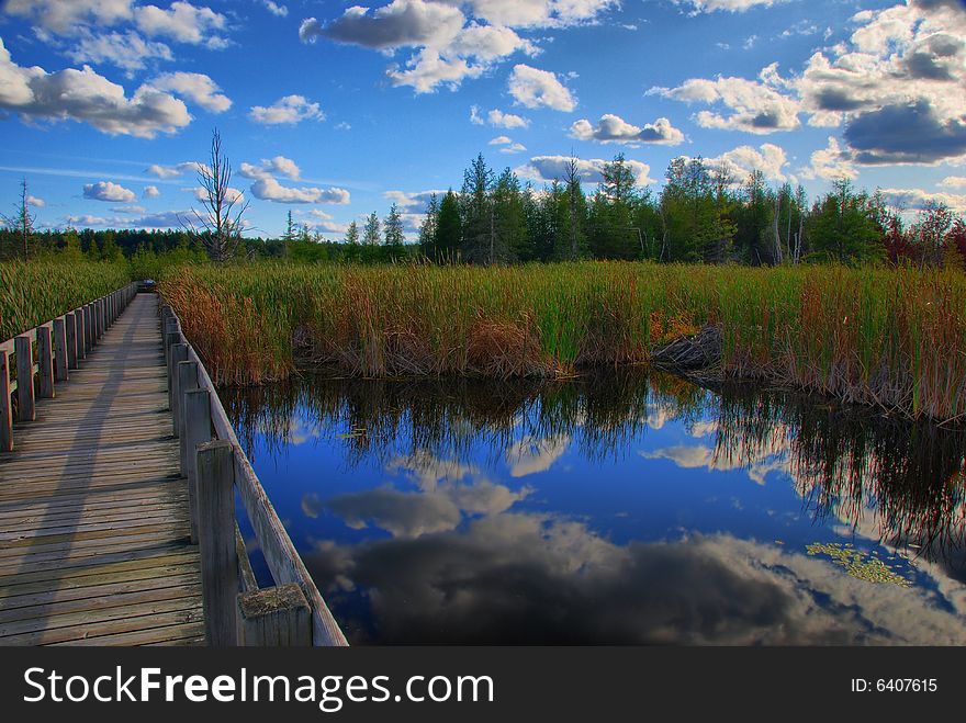 Clouds are reflected in a quiet pond, as the walkway leads into the marsh. Clouds are reflected in a quiet pond, as the walkway leads into the marsh.