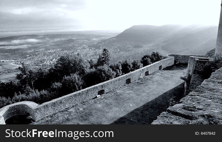 Castle Hohennneuffen, a medieval knights' ruin at the boarder of the Swabian Alb mountains, 15 miles southeast from Stuttgart. Baden-Wuerttemberg, Germany. B/W version in rather dramatic exposure settings. Castle Hohennneuffen, a medieval knights' ruin at the boarder of the Swabian Alb mountains, 15 miles southeast from Stuttgart. Baden-Wuerttemberg, Germany. B/W version in rather dramatic exposure settings.