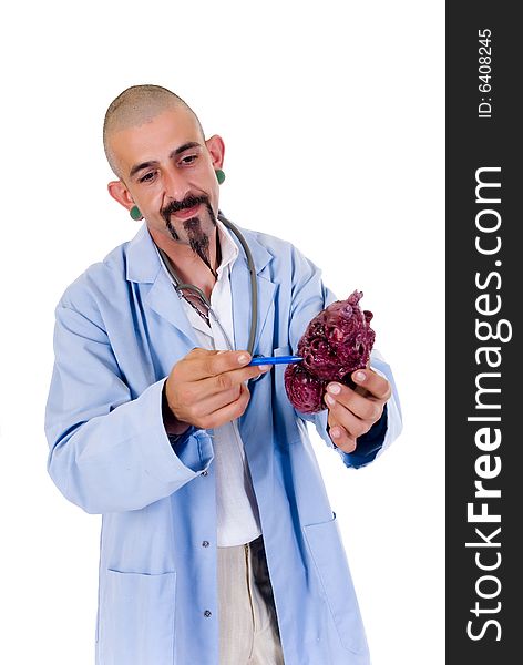 Alternative doctor with stethoscope and earrings taking notes, studio shot, white background. Alternative doctor with stethoscope and earrings taking notes, studio shot, white background