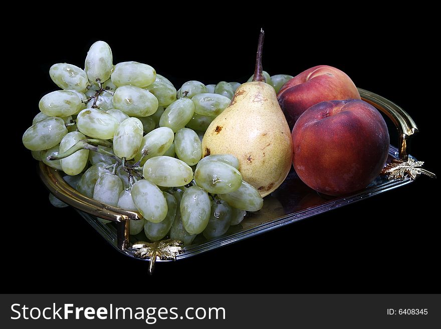 Peach, grapes and pear on tray (light brush)