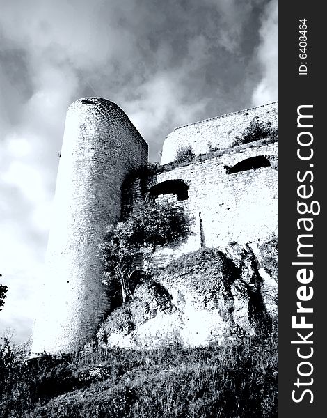 Castle Hohennneuffen, a medieval knights' ruin at the boarder of the Swabian Alb mountains, 15 miles southeast from Stuttgart. Baden-Wuerttemberg, Germany. B/W version in rather dramatic exposure settings. Castle Hohennneuffen, a medieval knights' ruin at the boarder of the Swabian Alb mountains, 15 miles southeast from Stuttgart. Baden-Wuerttemberg, Germany. B/W version in rather dramatic exposure settings.