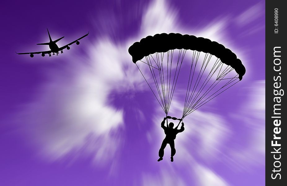 Parachutist falling in the sky with plane on the background. Parachutist falling in the sky with plane on the background