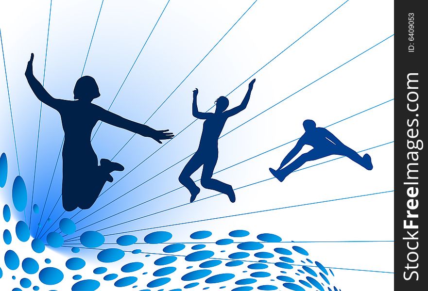 Illustration of people jumping, blue