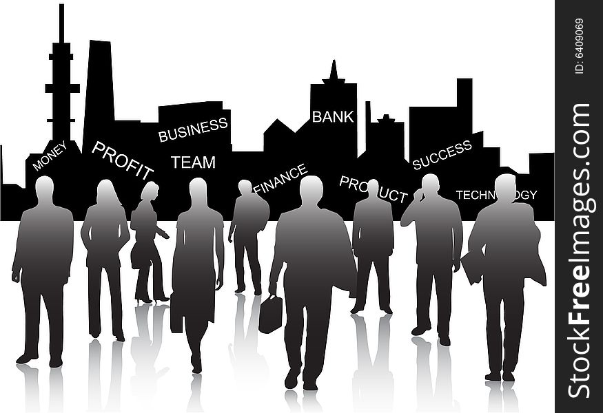 Illustration of business people and city