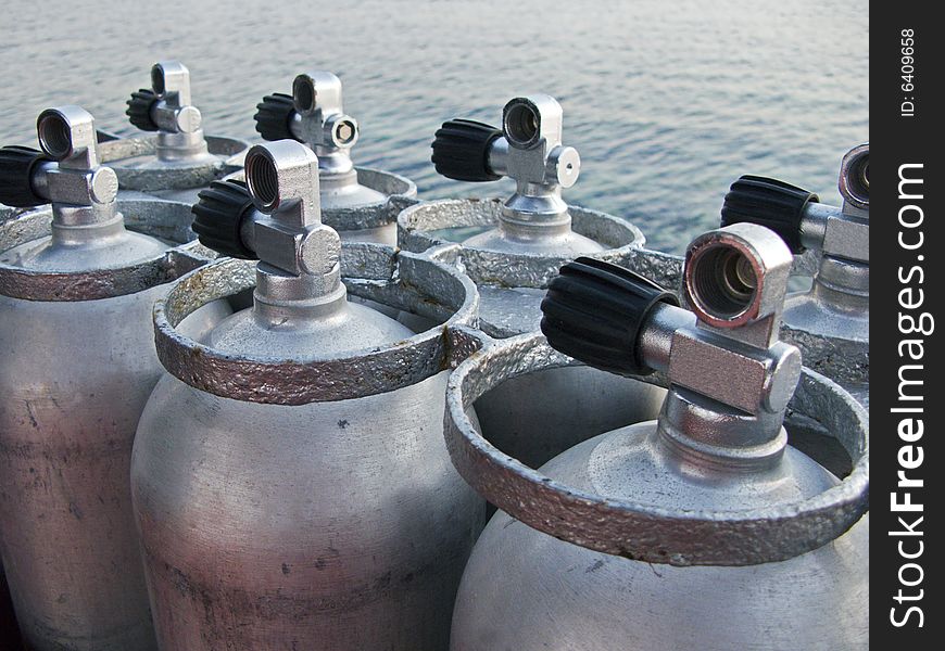 Close view of scuba cylinders. Close view of scuba cylinders