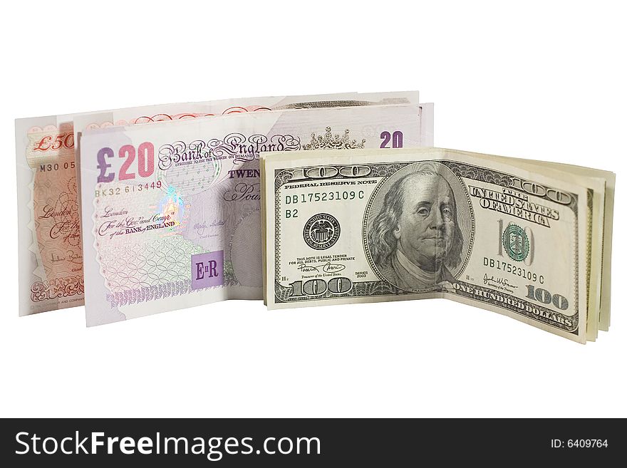 One-hundred dollar bills and British pounds (isolated on white)