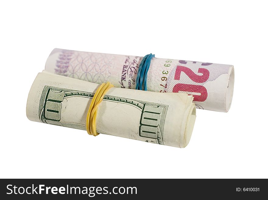 Closeup of rolls of one-hundred dollar bills and British pounds (isolated on white). Closeup of rolls of one-hundred dollar bills and British pounds (isolated on white)