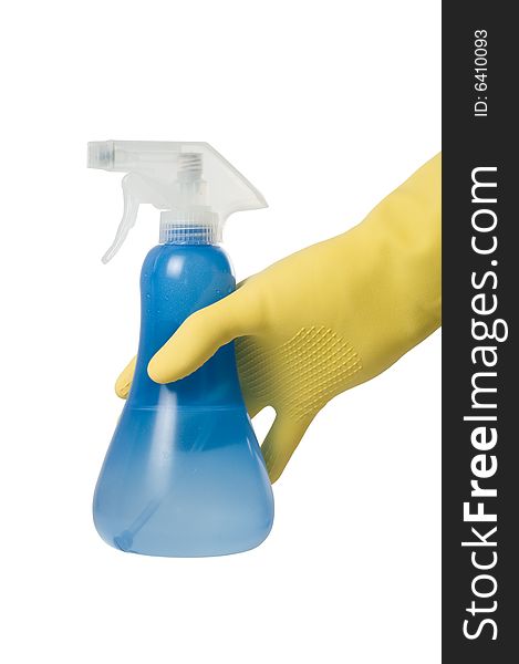 Hand with spray bottle isolated on a white background