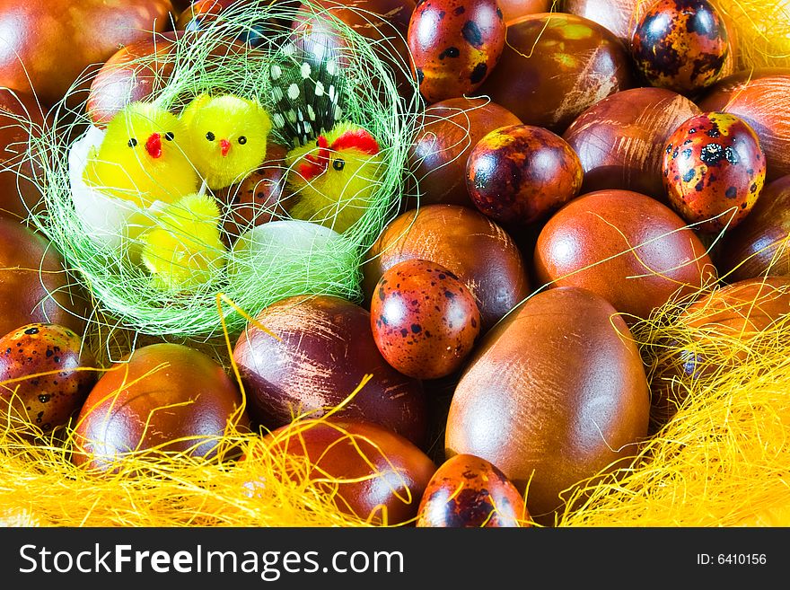 Chicks In Basket With Easter Eggs