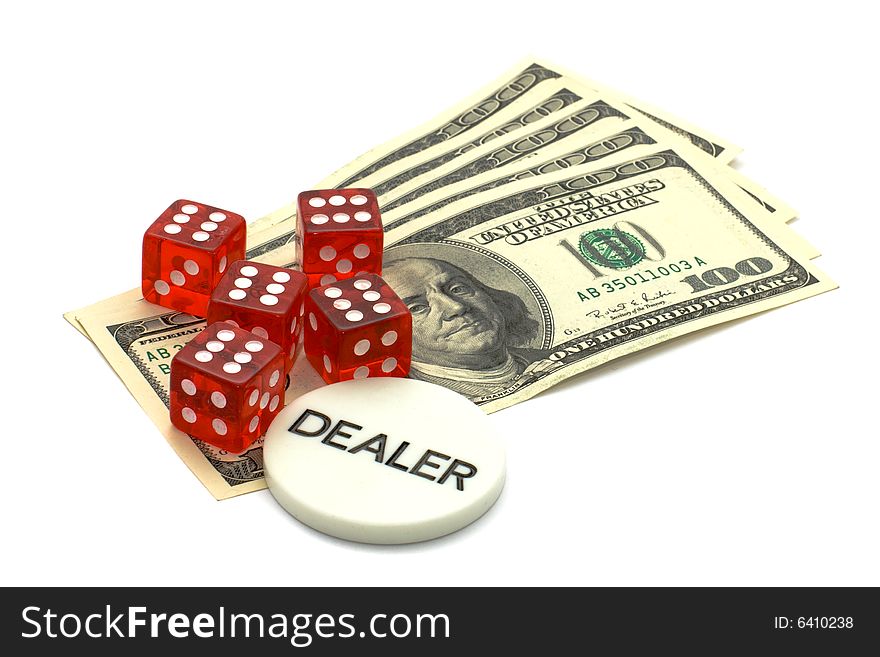 Dealers token, dice and dollars. Isolated on white.