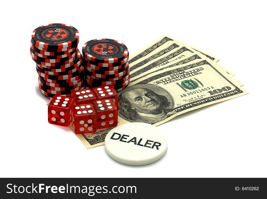 Dealers token, red coins, dice and dollars. Isolated on white. Dealers token, red coins, dice and dollars. Isolated on white.