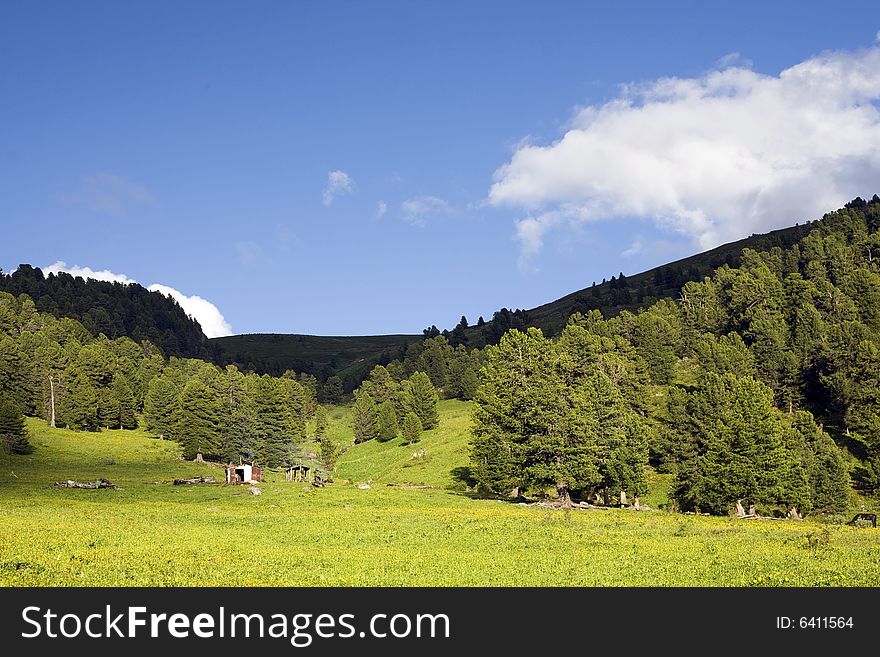 High mountain's summer view, Altai, blue sky, white clouds, lot of sun