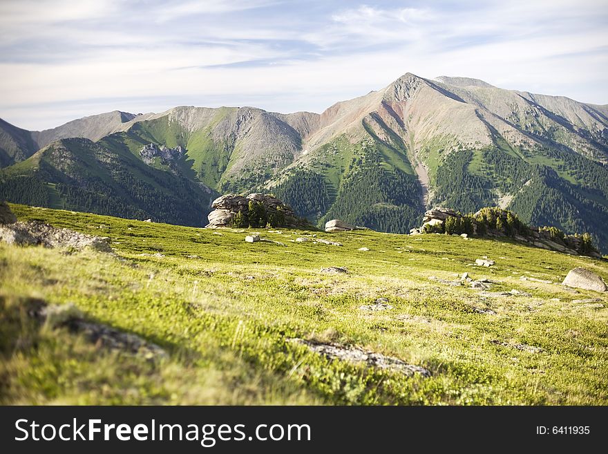 High mountain's summer view, Altai, blue sky, white clouds, lot of sun