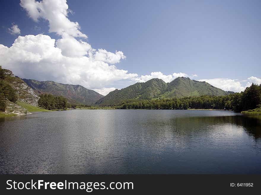 Lake in high mountains of Altai, summer