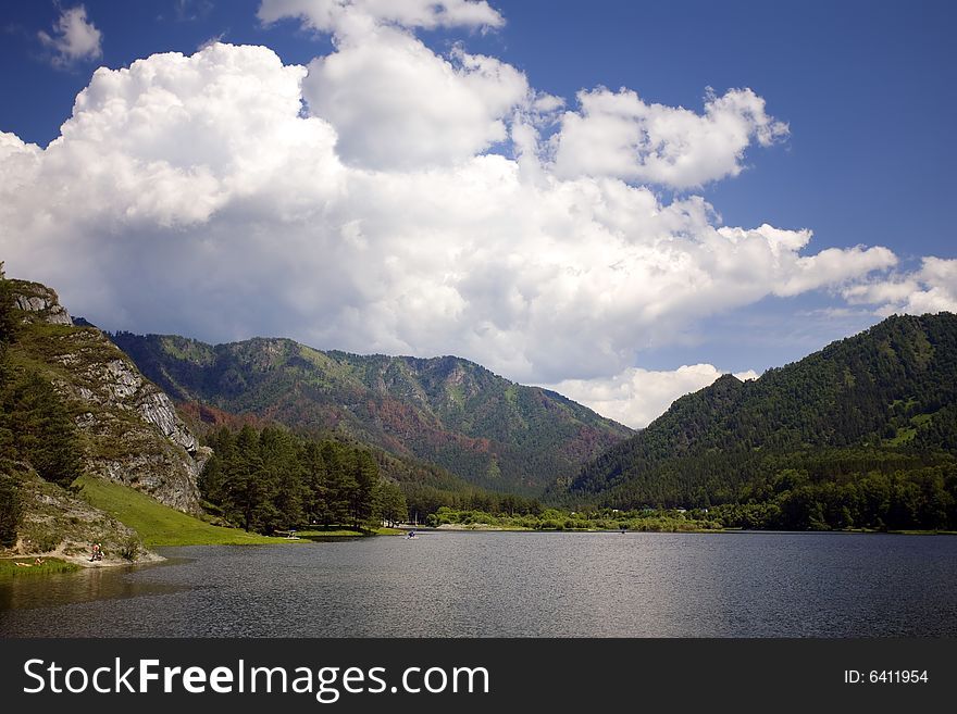 Lake in high mountains of Altai, summer