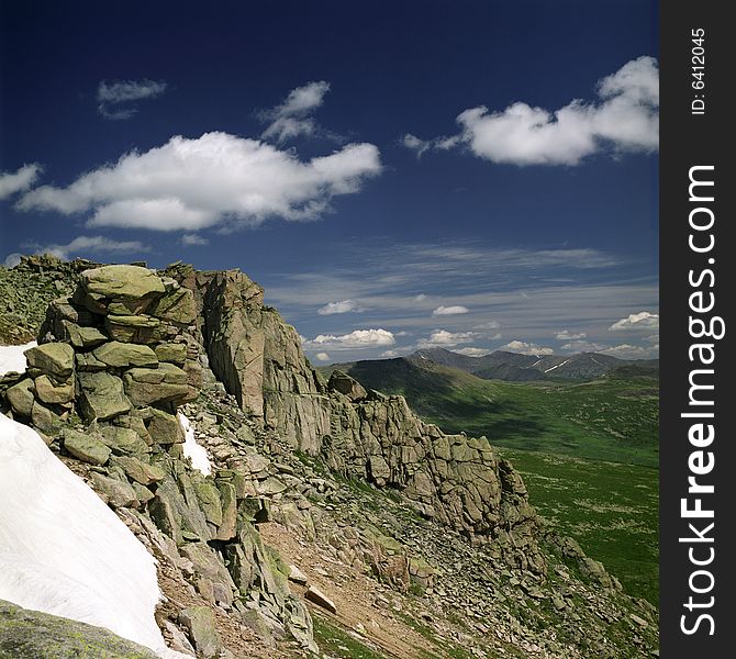 High mountain's summer view, Altai, blue sky, white clouds, lot of sun