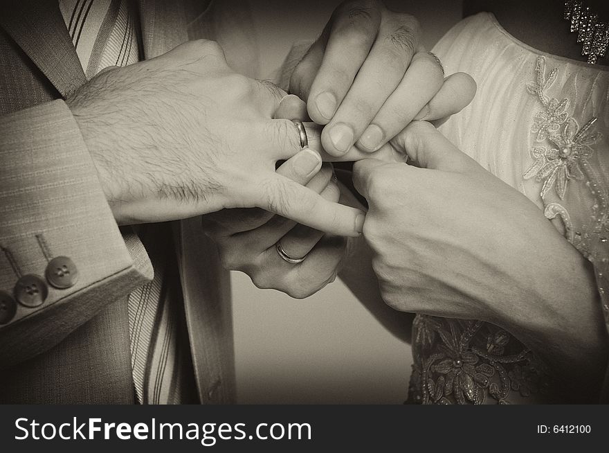 Wedding rings exchange between groom and bride. Wedding rings exchange between groom and bride