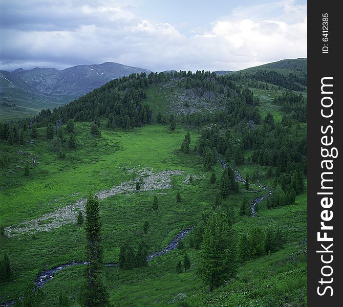 River flow in high mountains, green grass, water and clouds