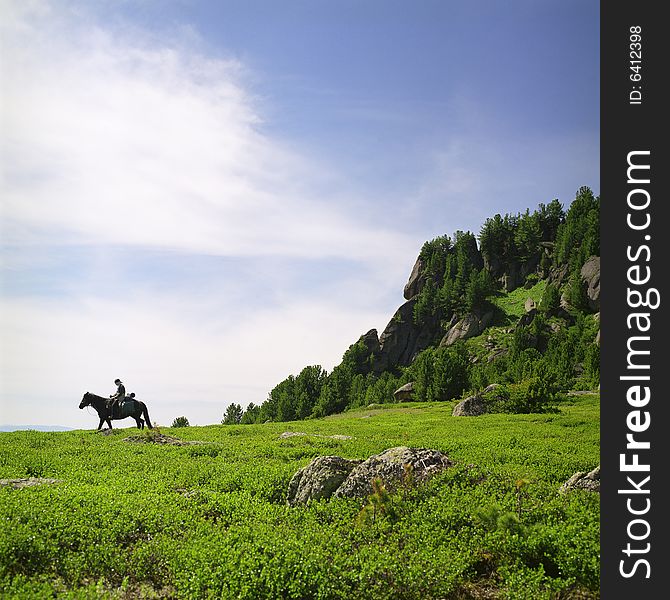 High mountain's summer view, Altai, blue sky, white clouds, lot of sun