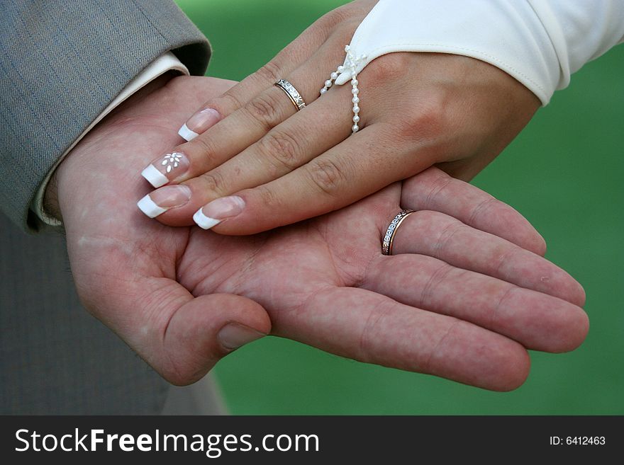 Two palms together. It is man's and female palms. 
There are wedding rings on their fingers. Two palms together. It is man's and female palms. 
There are wedding rings on their fingers.