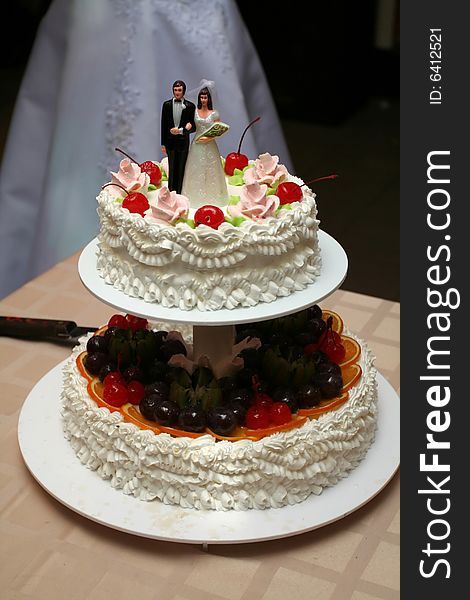 Bride and fiance on the top of the cake. Bride and fiance on the top of the cake