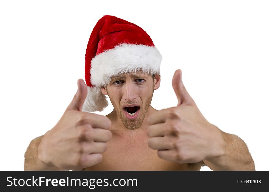 Handsome Male Wearing Santa Cap With Thumbs Up
