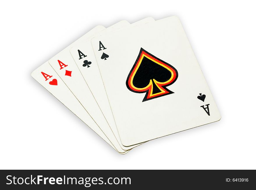Four aces, poker cards on white background, isolated, clipping path excludes the shadow.