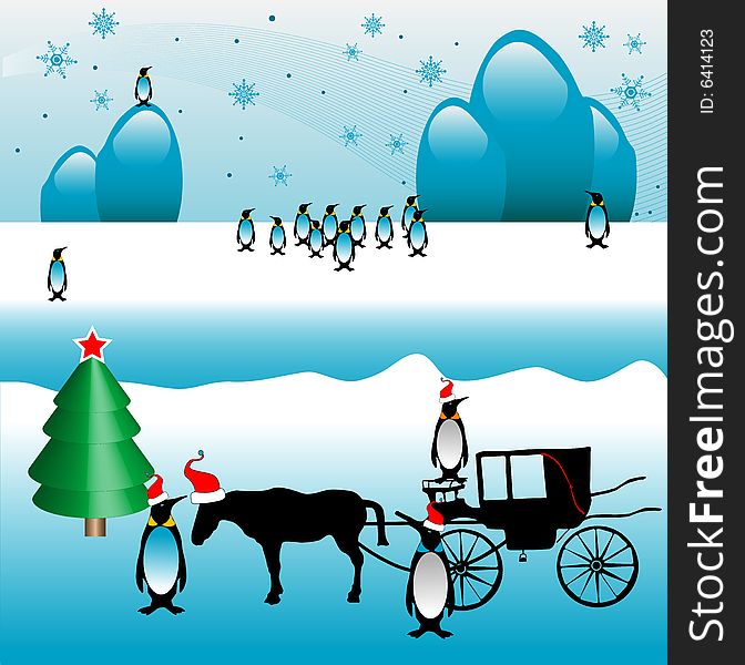 Abstract colored illustration with snowflakes, penguins, carriage dragged by a horse and Christmas tree. Abstract colored illustration with snowflakes, penguins, carriage dragged by a horse and Christmas tree