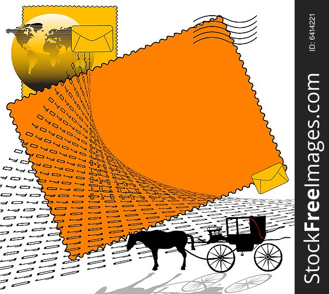 Abstract colored illustration with carriage dragged by a horse, envelopes, binary numbers and world map. Abstract colored illustration with carriage dragged by a horse, envelopes, binary numbers and world map