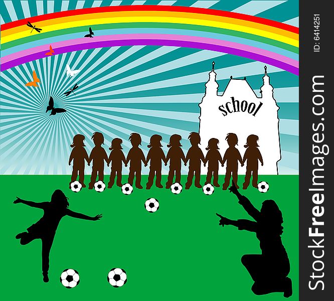 Abstract colored background with rainbow, butterflies, balls, school shape and children listening the indications of the sport teacher