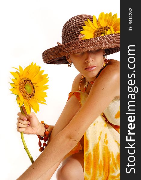 Portrait of young fashion female holding sunflower - isolated. Portrait of young fashion female holding sunflower - isolated