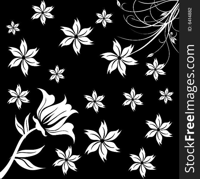 White flower patterns on black background