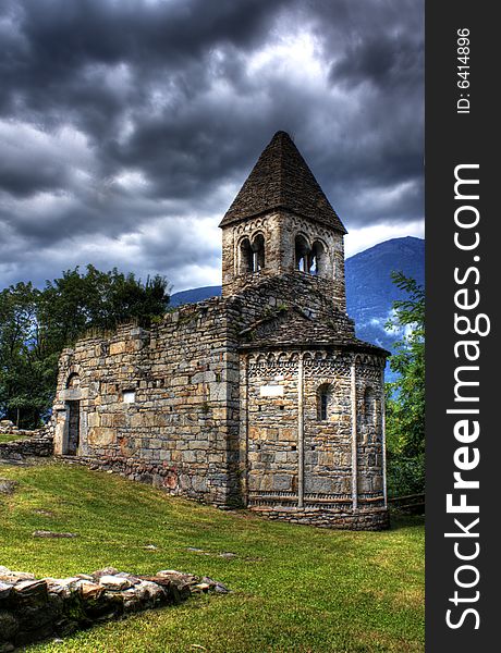 Ancient church with partly sunny skies