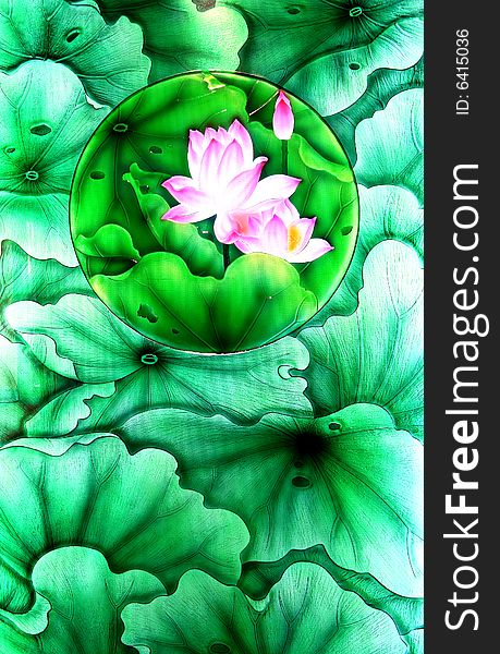 Lotus Flowers and Leaves Glass Painting. Lotus Flowers and Leaves Glass Painting