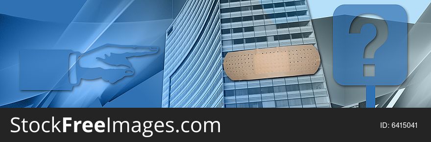 The business building, bandage, question mark and pointing finger are methaphors and leading to the title What about a sick business? .