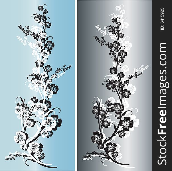 Pair of light blue and silver gray flowers with intricate ornaments and arabesques. Pair of light blue and silver gray flowers with intricate ornaments and arabesques