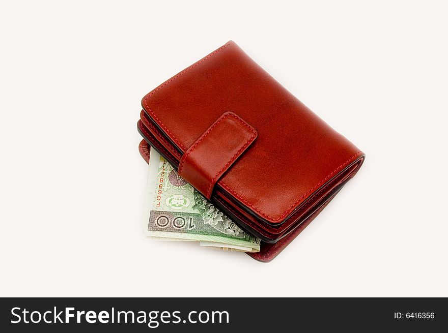 Red wallet with money isolated on white